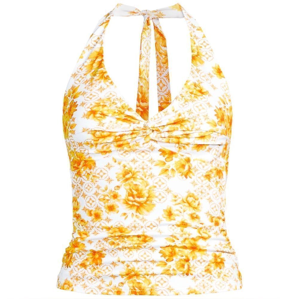 Land's End chlorine resist halter twist tankini swim top yellow mosaic floral 6